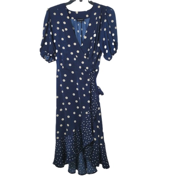 Summersalt The Wrap Navy Blue & Cream Polka Dot Short Sleeve Midi Dress Size 8 - Picture 2 of 11